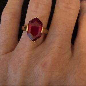 Hexagon cut lab created ruby 18K yellow gold over sterling silver. Size 7.